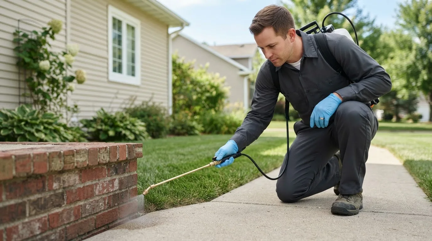 Pest control technician treating a home near La Grange, NC